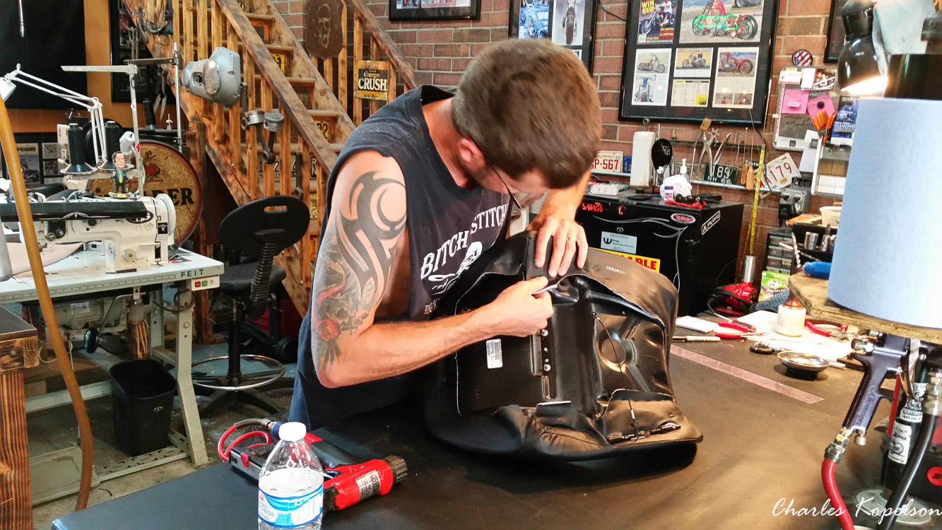 I waited about 5 weeks to get an appointment for a custom seat fitting at Bitchin Stitchin in Lakewood Colorado. They tie the bike upright. You sit on the bike and they look at your posture. The seat is removed  from my 2014 Harley Davidson Night Rod Special VRSCDX.