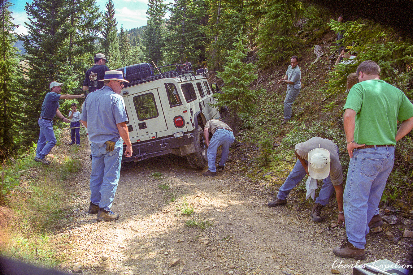 Ray Nadda gets a flat. We pull the truck up the incline until the rear wheel comes off the ground. Easier than a jack.